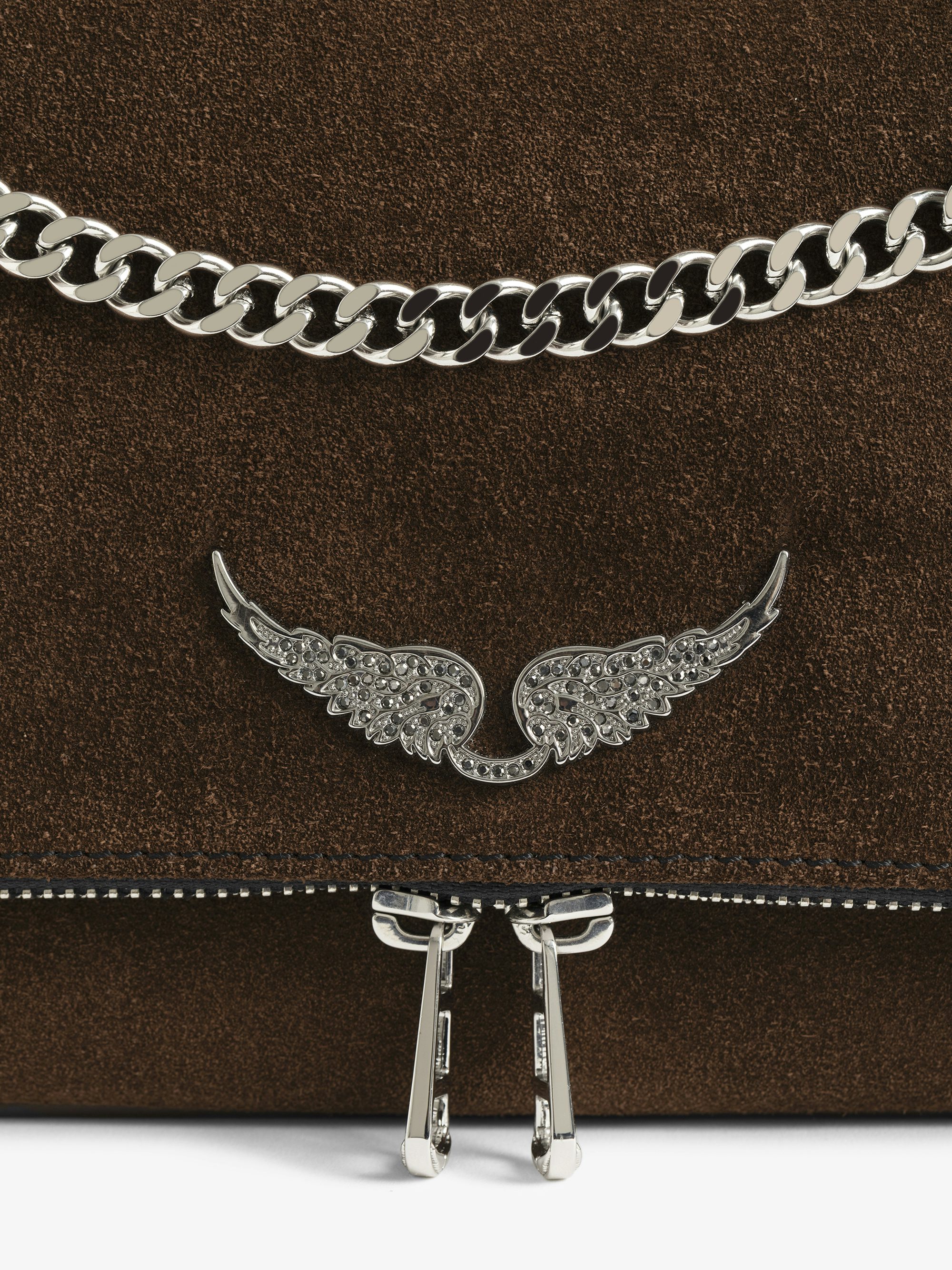 Rock II Suede Clutch - Suede leather clutch with sliding metal chain and signature wings.